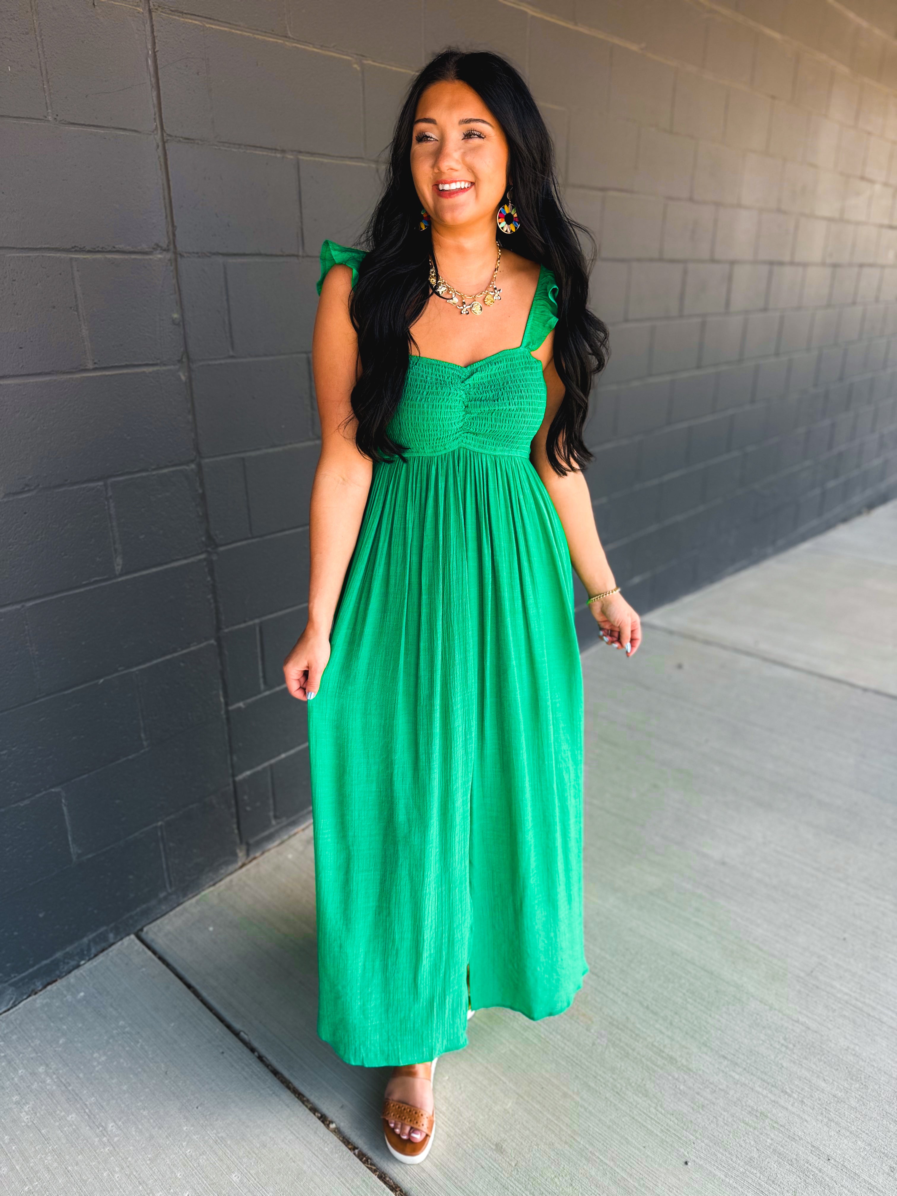 Ruffle Sleeve Front Slit Maxi Dress - Green - Lace and Grace Boutique