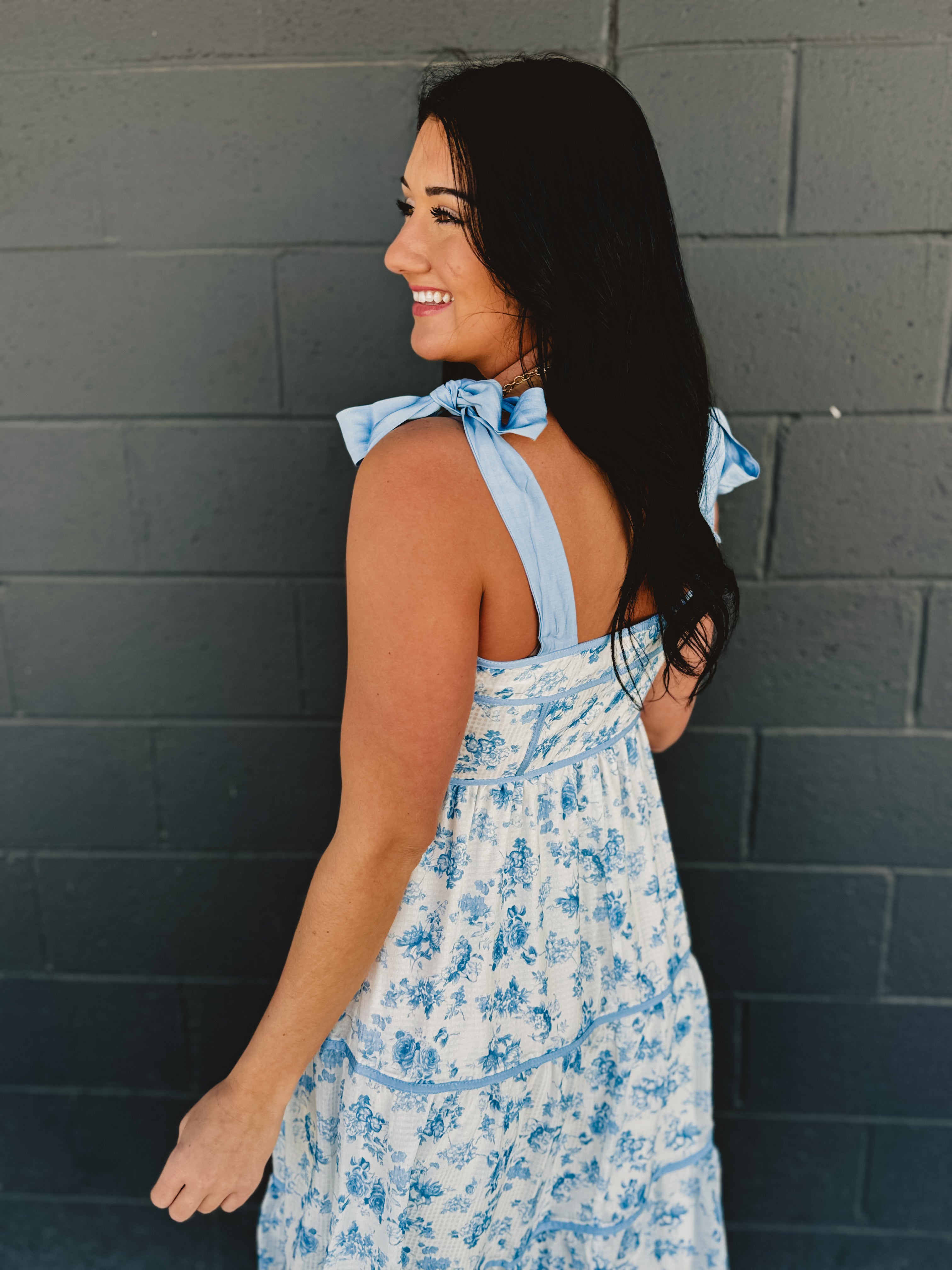 Floral Print Contrast Detail Midi Dress - Light Blue - Lace and Grace Boutique