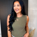 Crochet Ruffle Trim Ribbed Tank Top - Olive