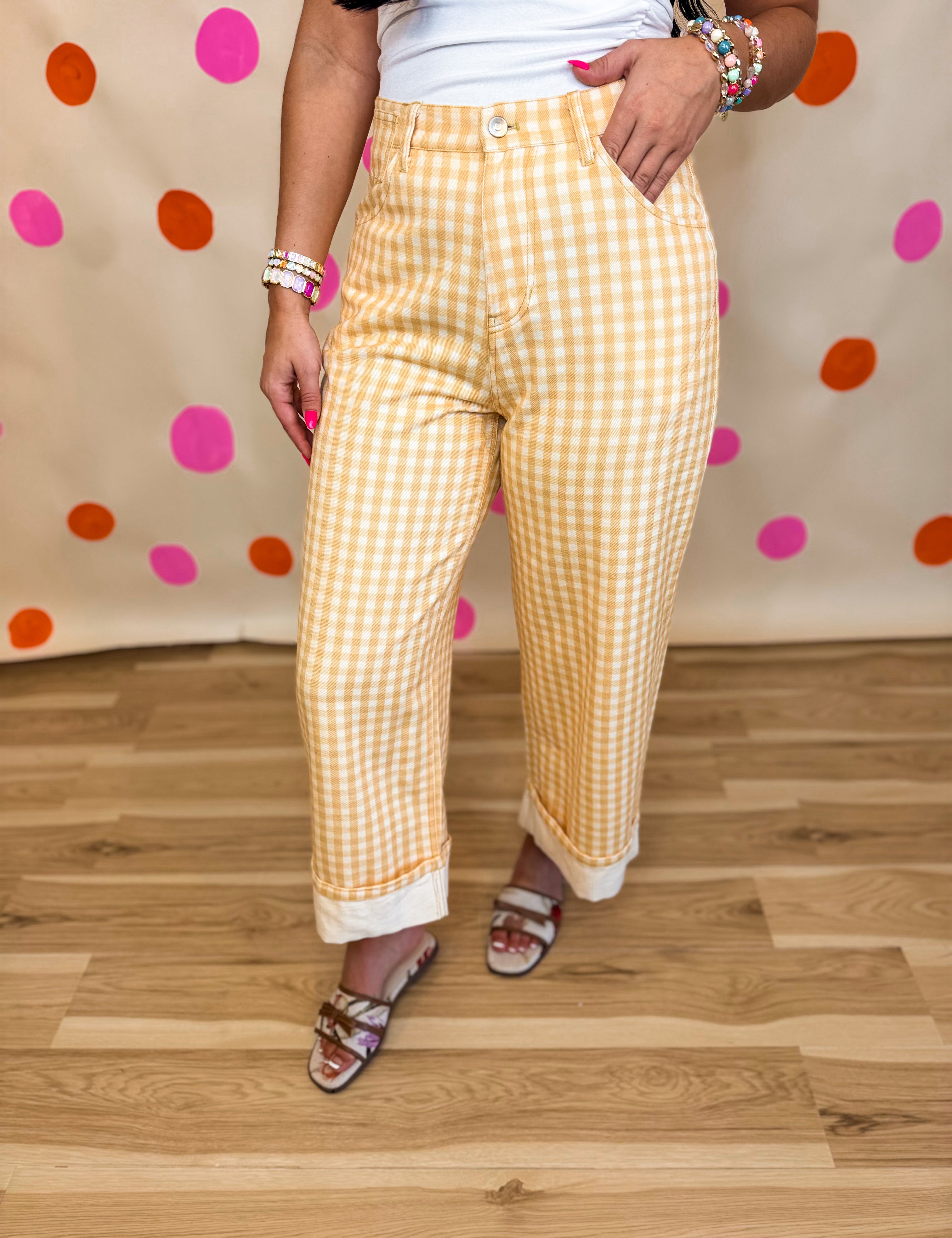 Gingham Printed Rolled Up Barrel Pants - Light Yellow - Lace and Grace Boutique