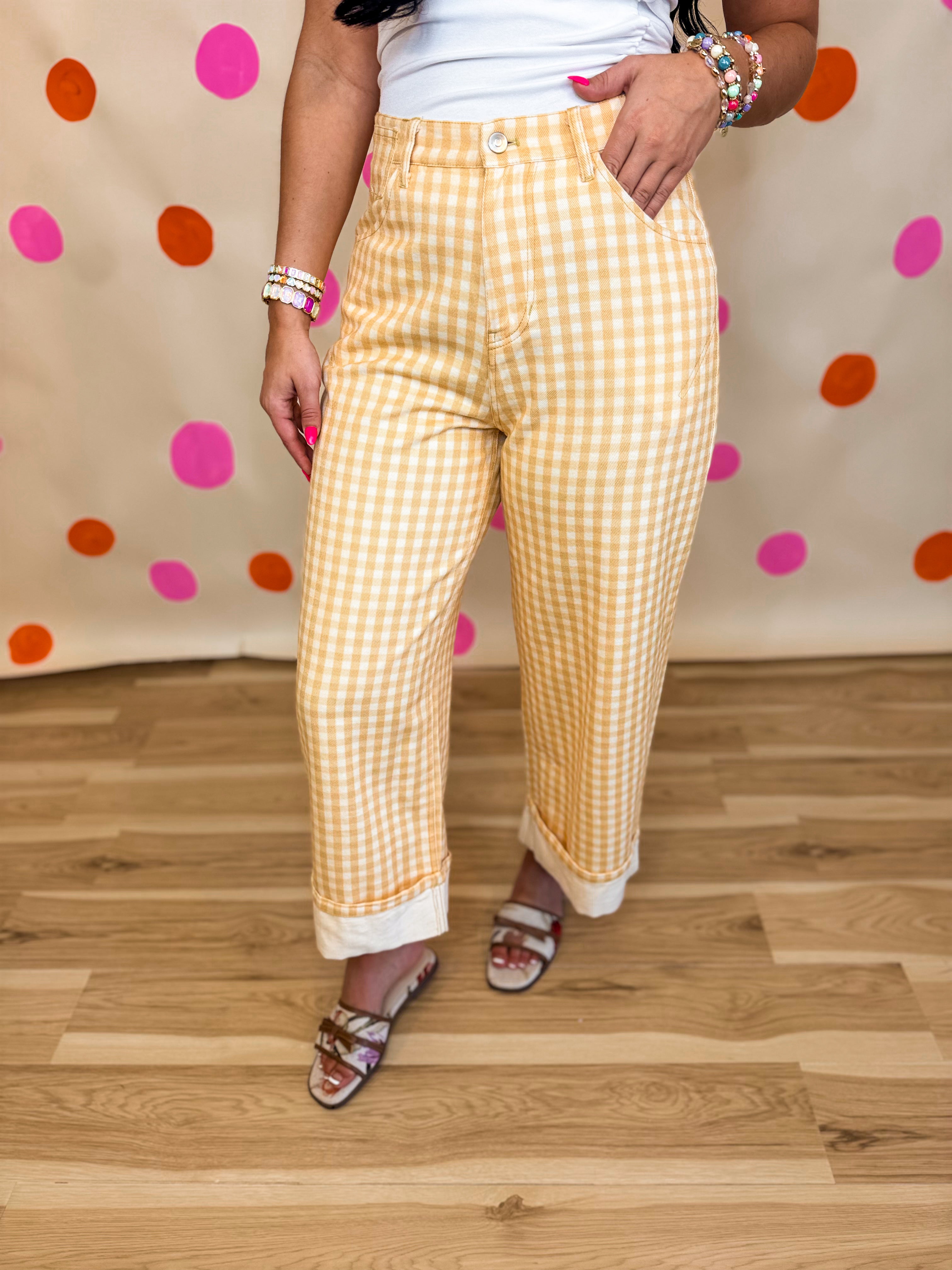 Gingham Printed Rolled Up Barrel Pants - Light Yellow - Lace and Grace Boutique