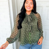 Polka Dot Tie Neck Chiffon Blouse - Dark Sage