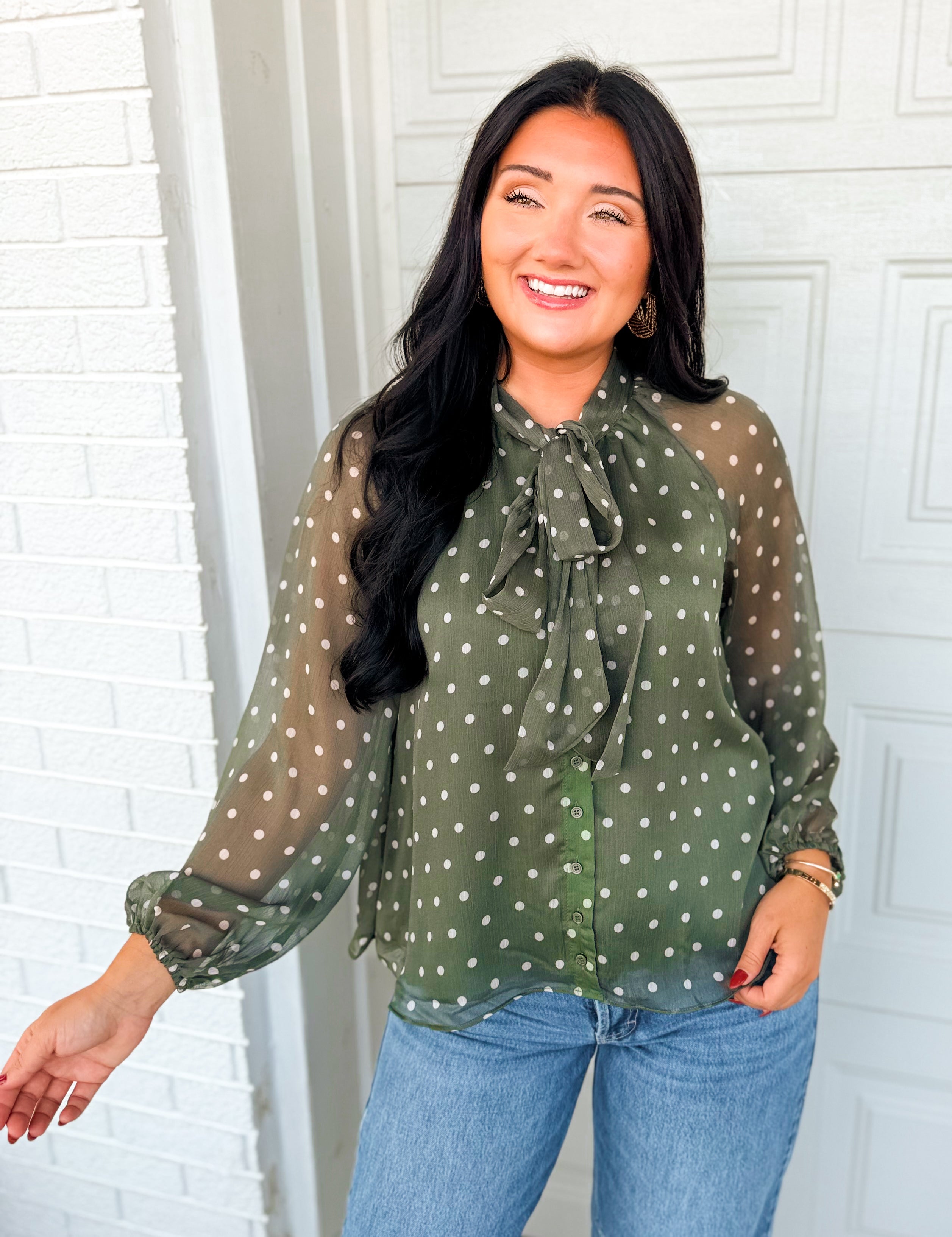 Polka Dot Tie Neck Chiffon Blouse - Dark Sage - Lace and Grace Boutique