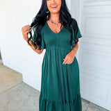 Smocked Washed Satin Tiered Maxi Dress - Emerald