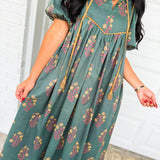 Floral Contrast Trim Puff Sleeve Maxi Dress - Dark Forest Green