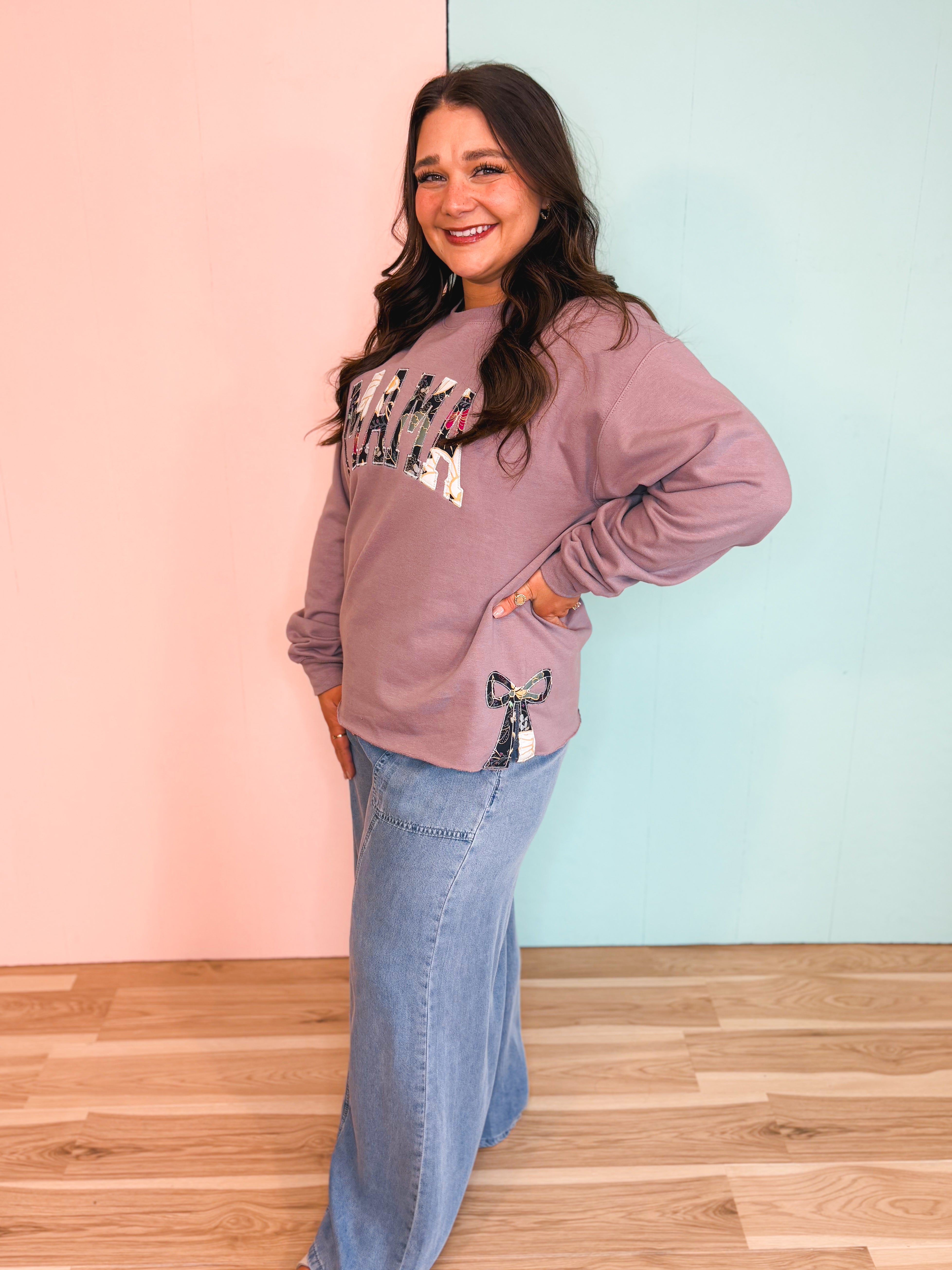 Mama Bow Crewneck Sweatshirt - Soft Purple - Lace and Grace Boutique