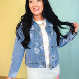 Floral Printed Denim Jacket - Light Denim Blue - Lace and Grace Boutique