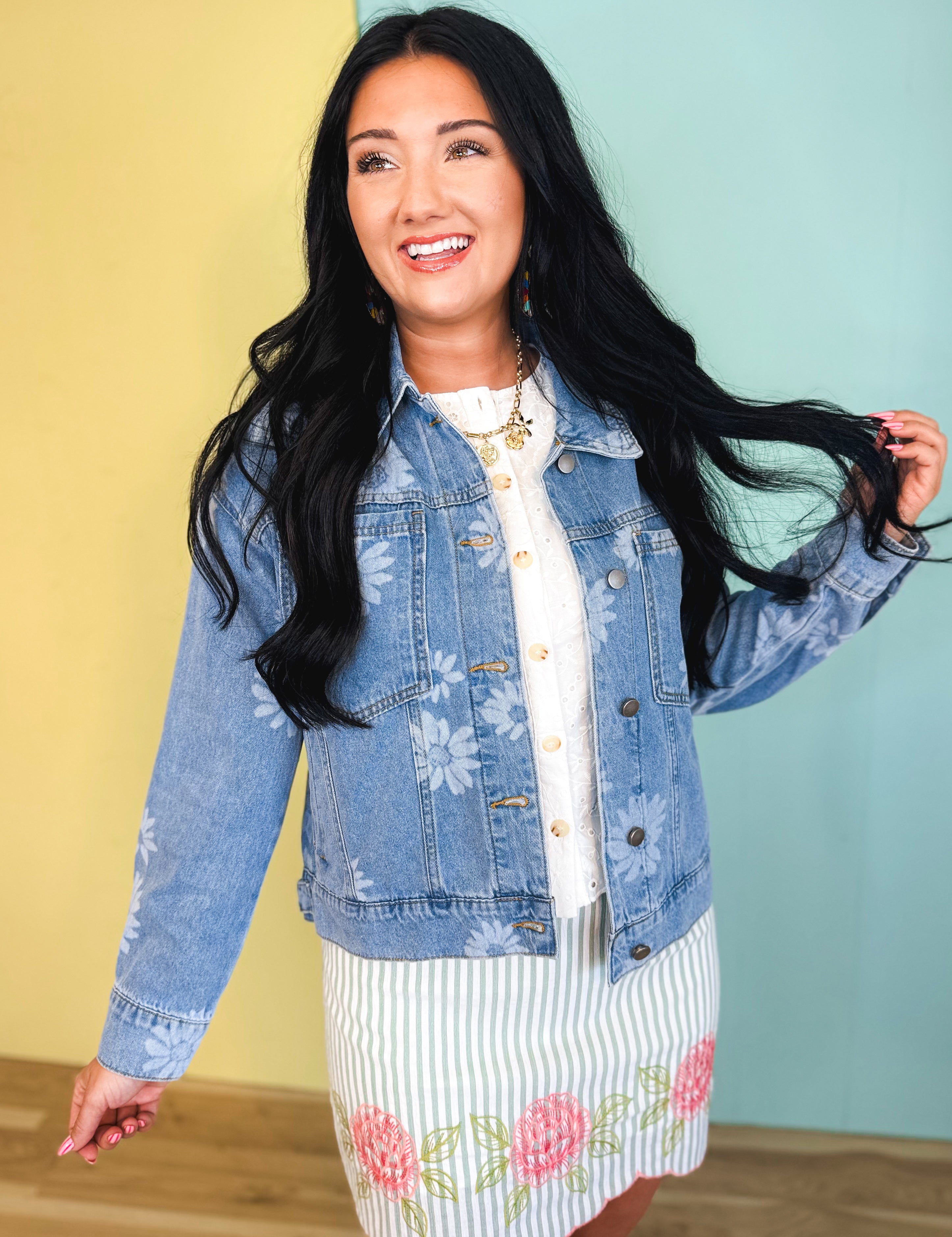 Floral Printed Denim Jacket - Light Denim Blue - Lace and Grace Boutique