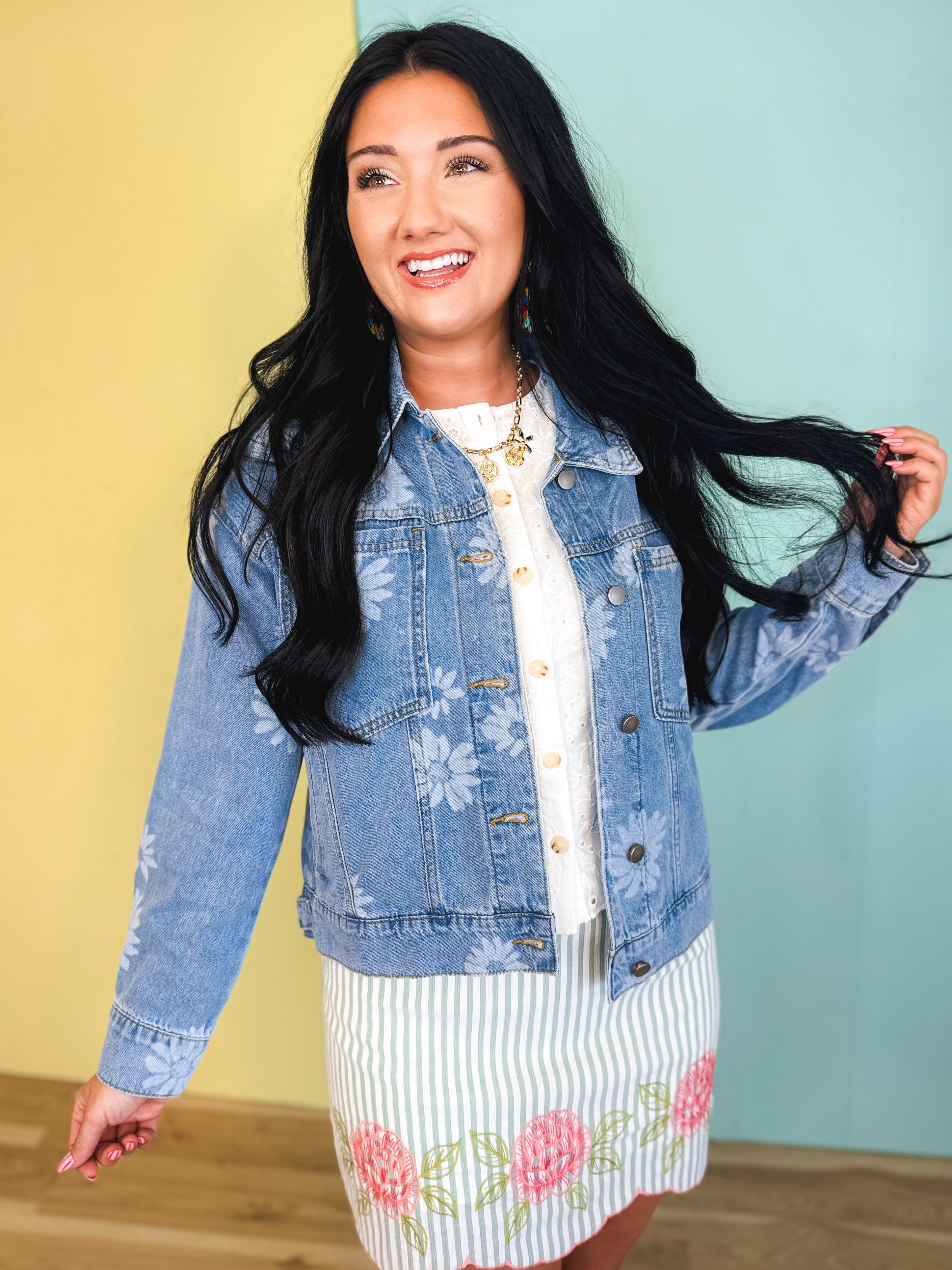 Floral Printed Denim Jacket - Light Denim Blue - Lace and Grace Boutique