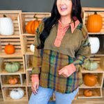 Mixed Media Plaid Button Detail Top - Olive - Lace and Grace Boutique