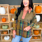 Mixed Media Plaid Button Detail Top - Olive - Lace and Grace Boutique