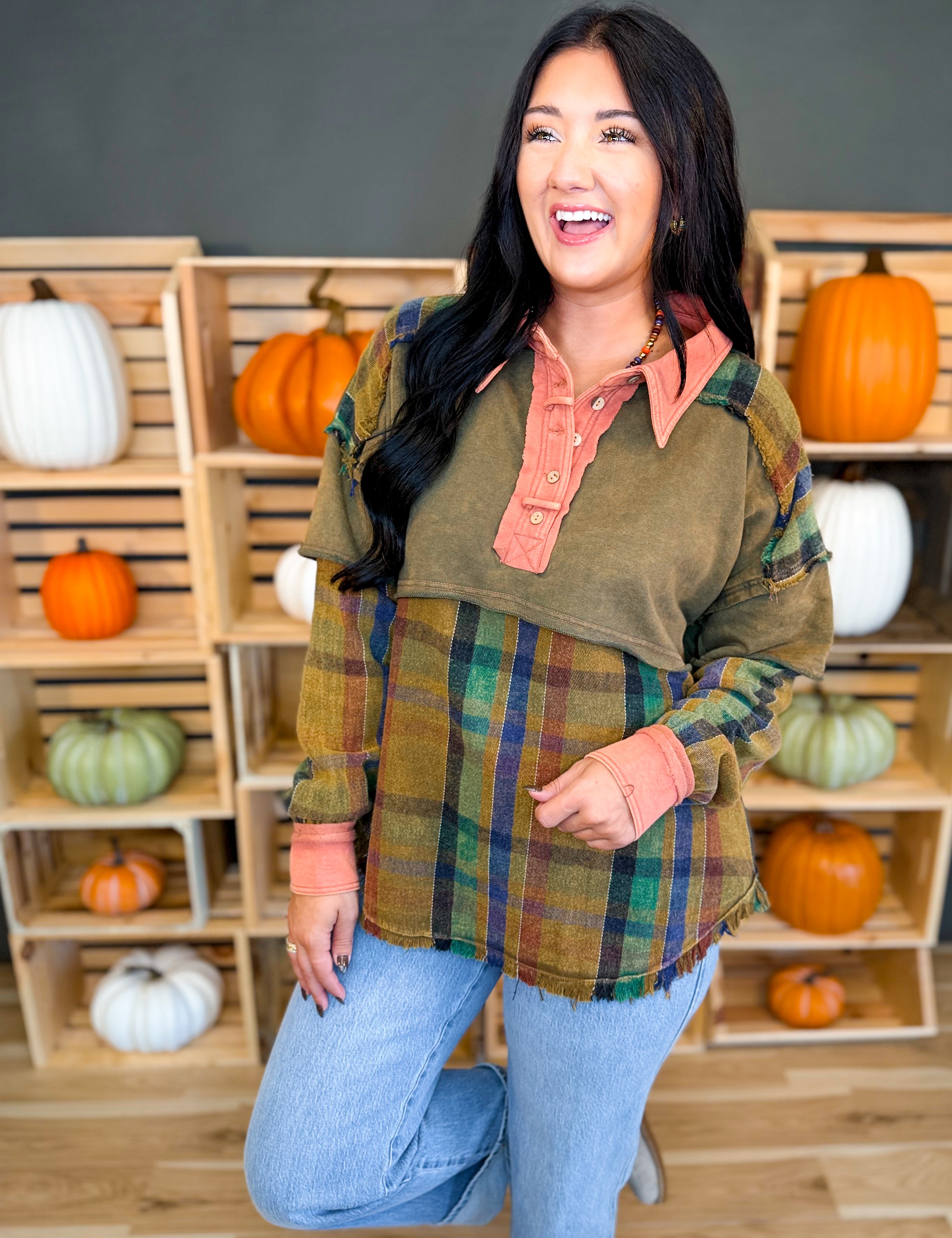 Mixed Media Plaid Button Detail Top - Olive - Lace and Grace Boutique