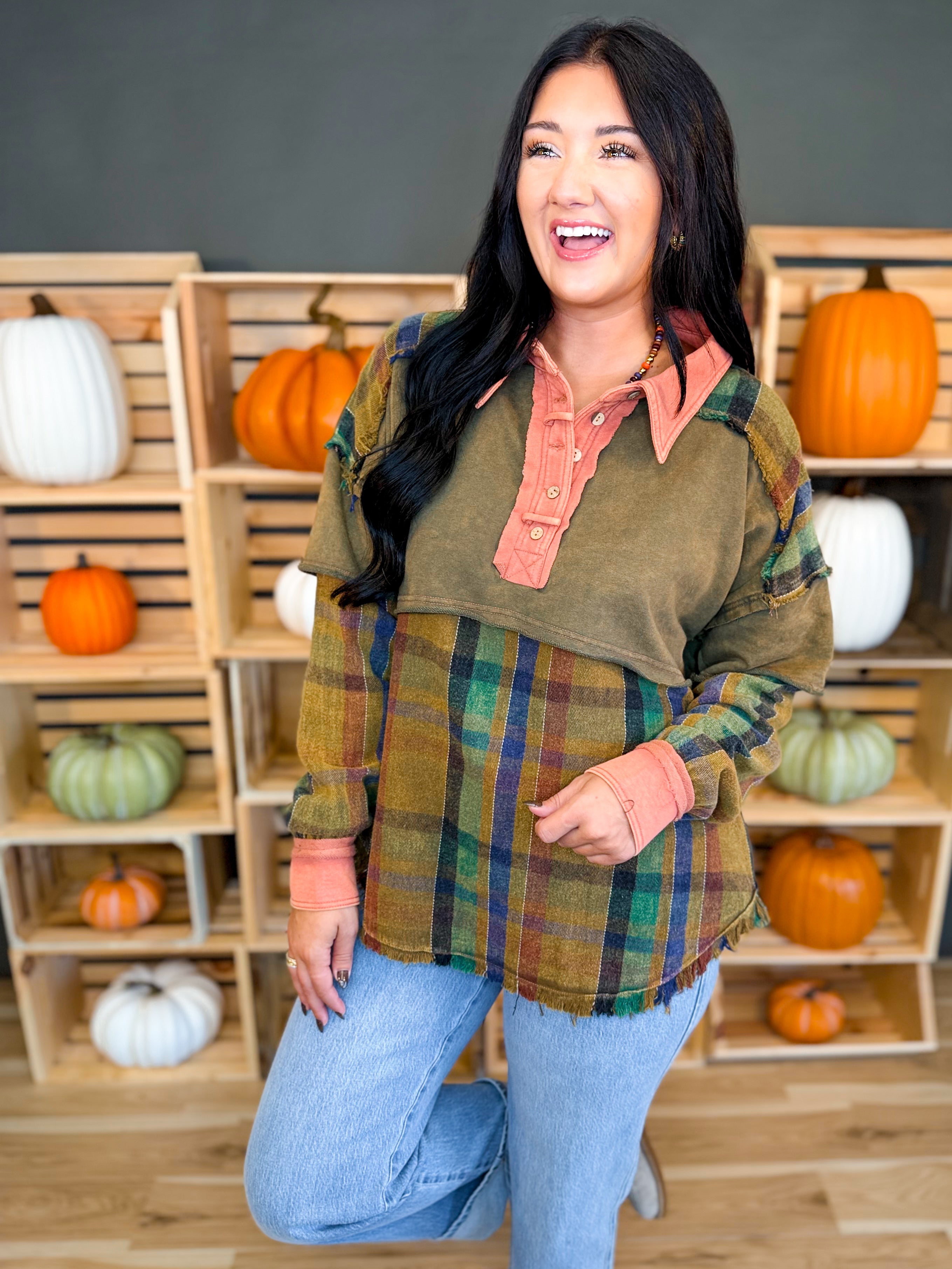 Mixed Media Plaid Button Detail Top - Olive - Lace and Grace Boutique