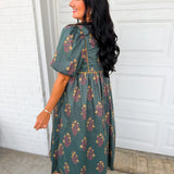 Floral Contrast Trim Puff Sleeve Maxi Dress - Dark Forest Green