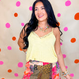 POL Textured Knit Lace Trim Cami Top - Lemon - Lace and Grace Boutique