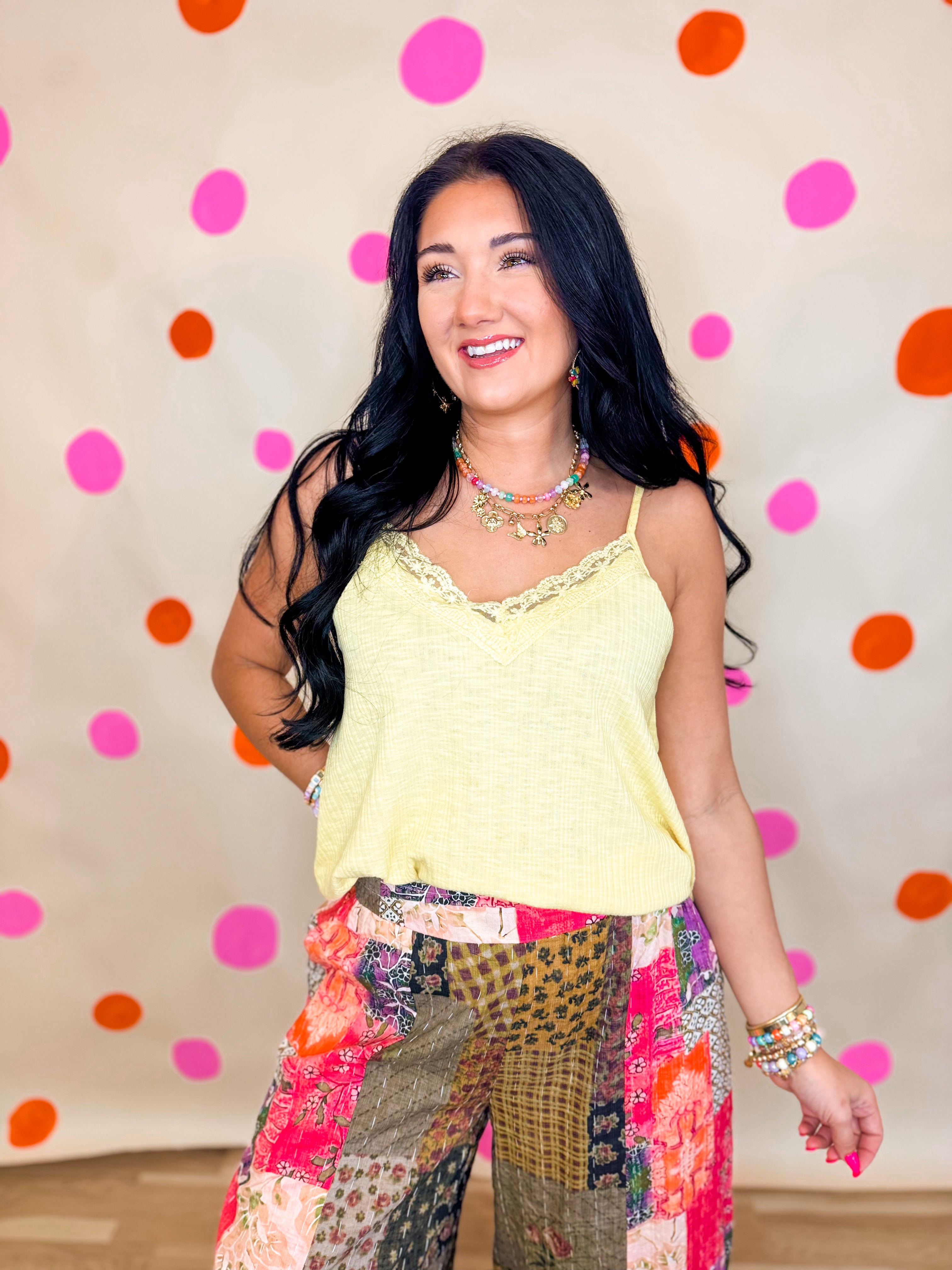 POL Textured Knit Lace Trim Cami Top - Lemon - Lace and Grace Boutique