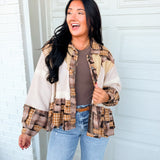POL Patchwork Plaid & Thermal Knit Button Down Jacket - Almond