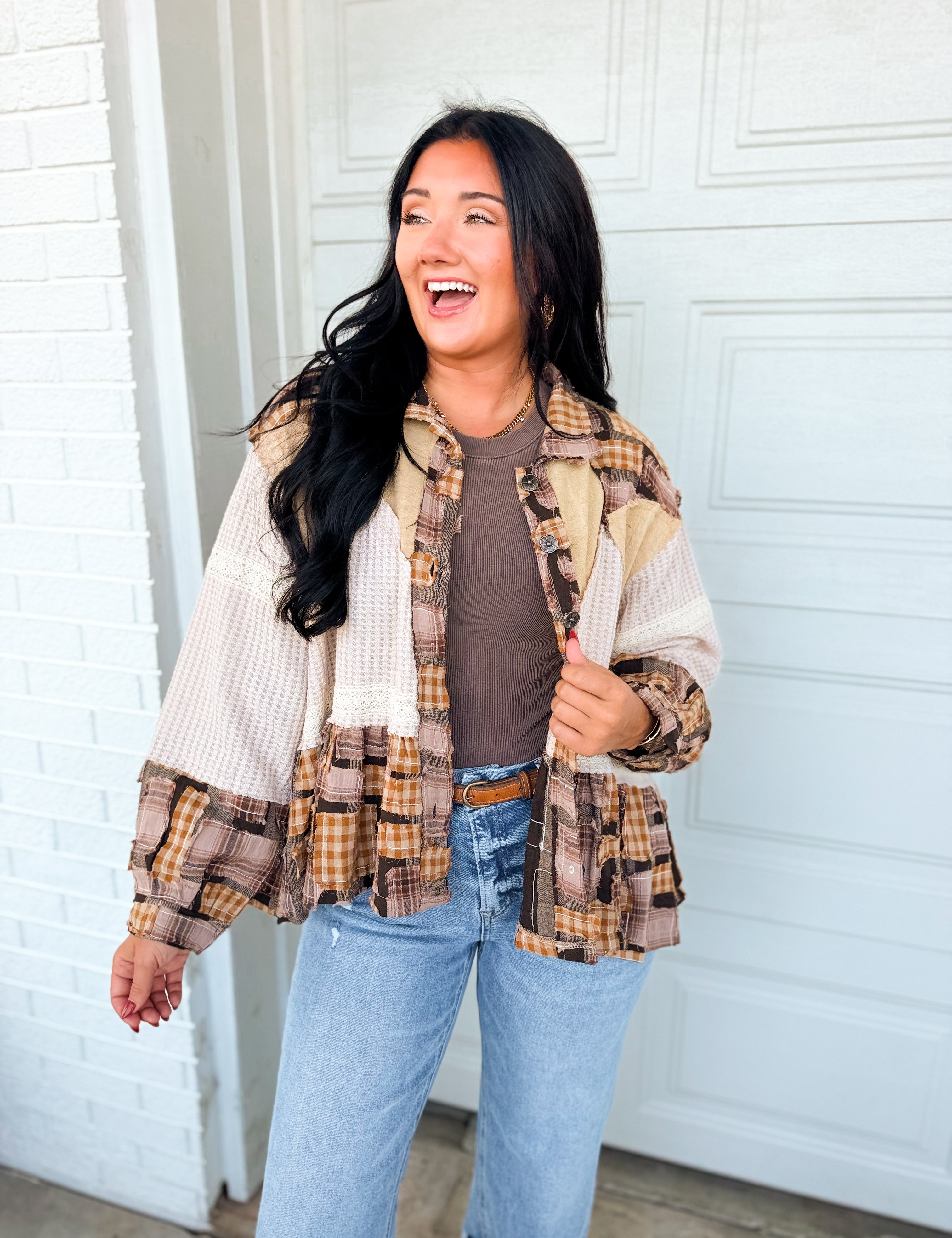 POL Patchwork Plaid & Thermal Knit Button Down Jacket - Almond - Lace and Grace Boutique