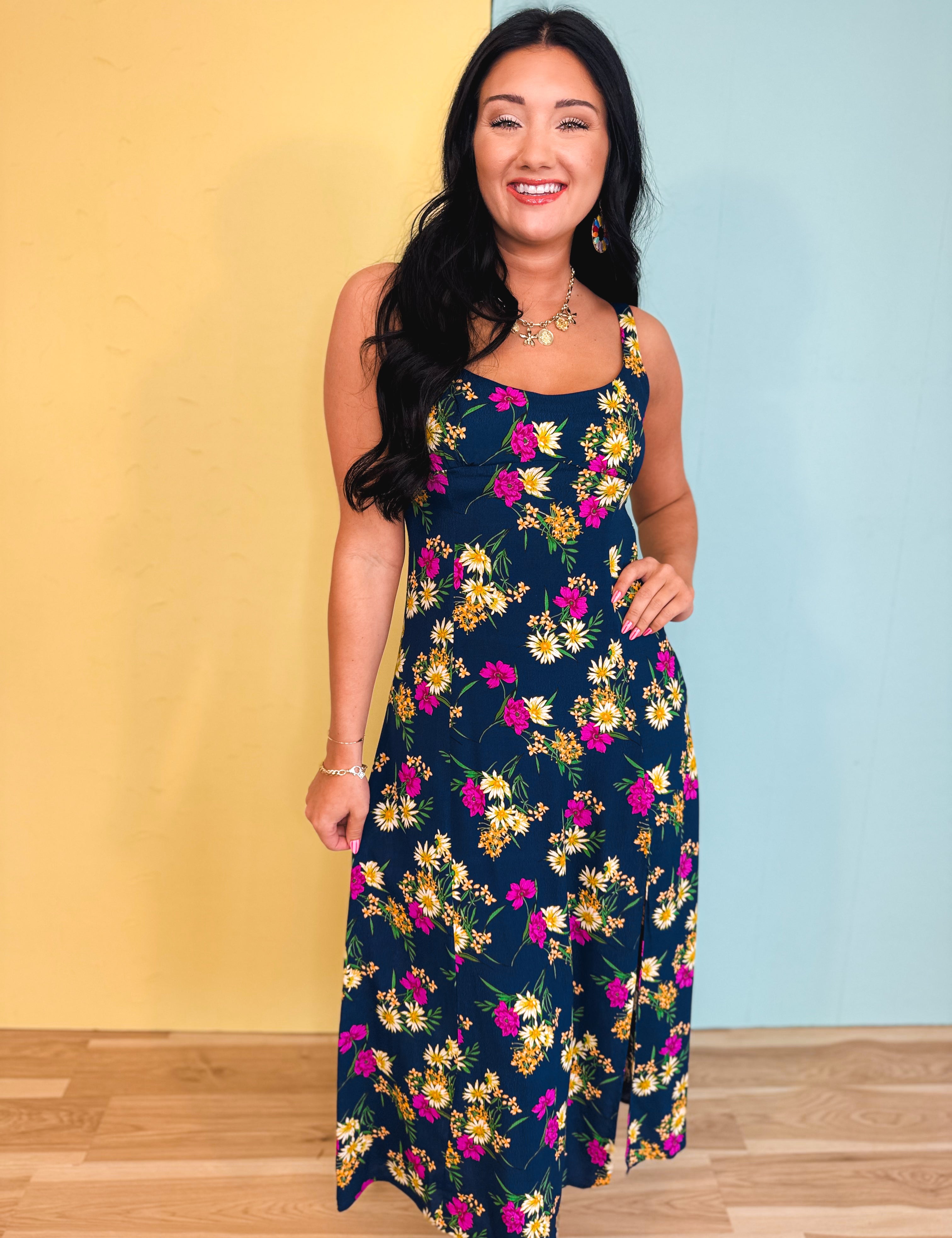 Floral Slit Midi Dress - Parisian Bloom - Lace and Grace Boutique