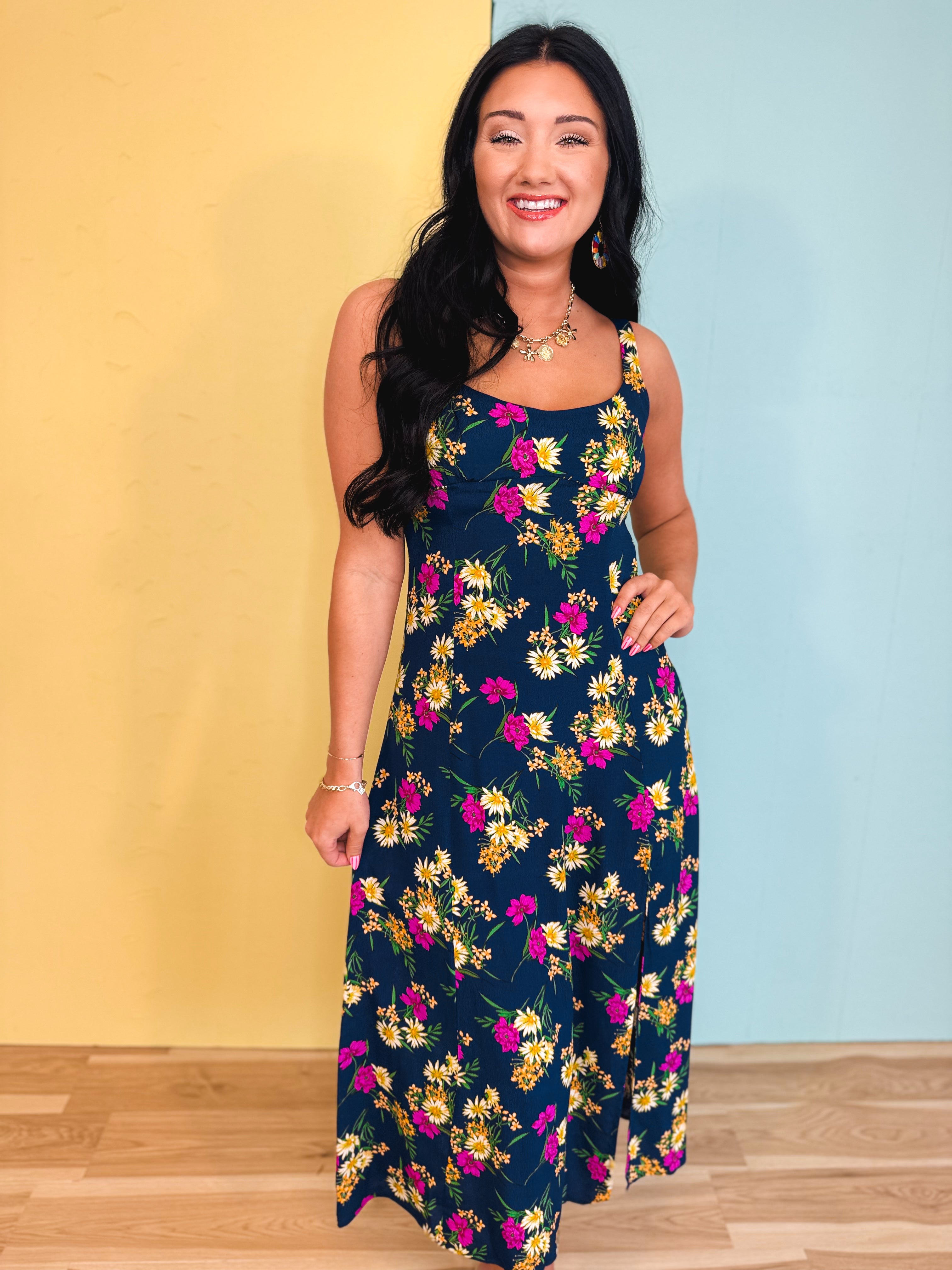 Floral Slit Midi Dress - Parisian Bloom - Lace and Grace Boutique