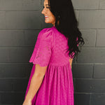Cotton Eyelet Button Down Midi Dress - Electric Fuschia - Lace and Grace Boutique