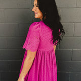 Cotton Eyelet Button Down Midi Dress - Electric Fuschia - Lace and Grace Boutique