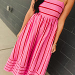 Striped Woven Cotton Flare Midi Dress - Pink Multi - Lace and Grace Boutique