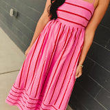 Striped Woven Cotton Flare Midi Dress - Pink Multi - Lace and Grace Boutique