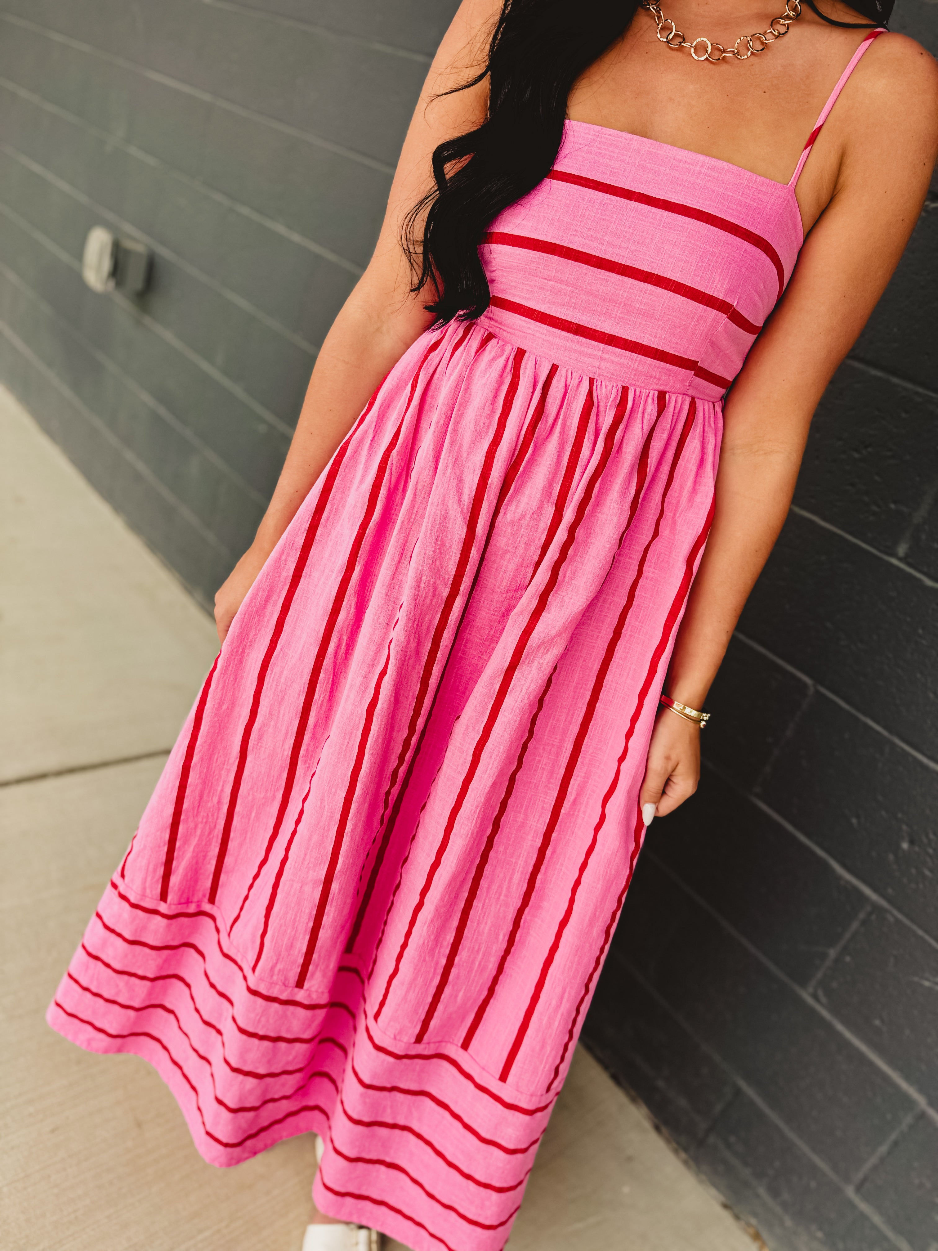 Striped Woven Cotton Flare Midi Dress - Pink Multi - Lace and Grace Boutique