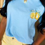 Lemon Embroidery Contrast Neck Tee - Sky - Lace and Grace Boutique