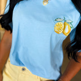 Lemon Embroidery Contrast Neck Tee - Sky - Lace and Grace Boutique