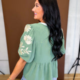 Floral Embroidered Peplum Flare Blouse - Basil Green