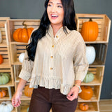 Striped Button Up Ruffle Hem Top - Taupe - Lace and Grace Boutique