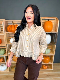 Striped Button Up Ruffle Hem Top - Taupe - Lace and Grace Boutique
