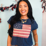 Mixed Media Flag Patch Dolman Sleeve Top - Indigo Blue - Lace and Grace Boutique