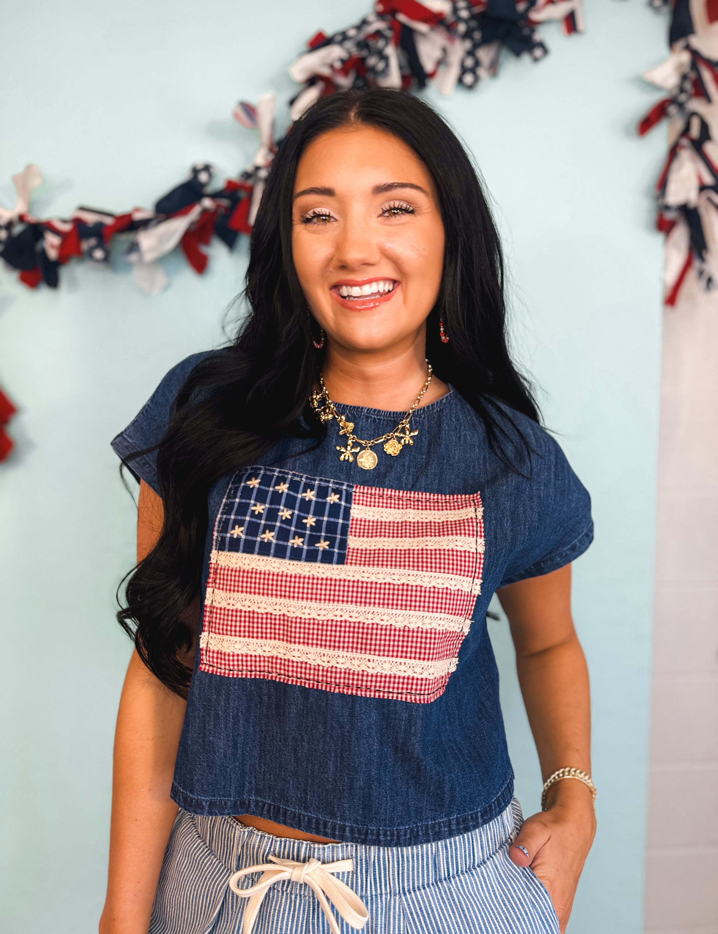 Mixed Media Flag Patch Dolman Sleeve Top - Indigo Blue - Lace and Grace Boutique