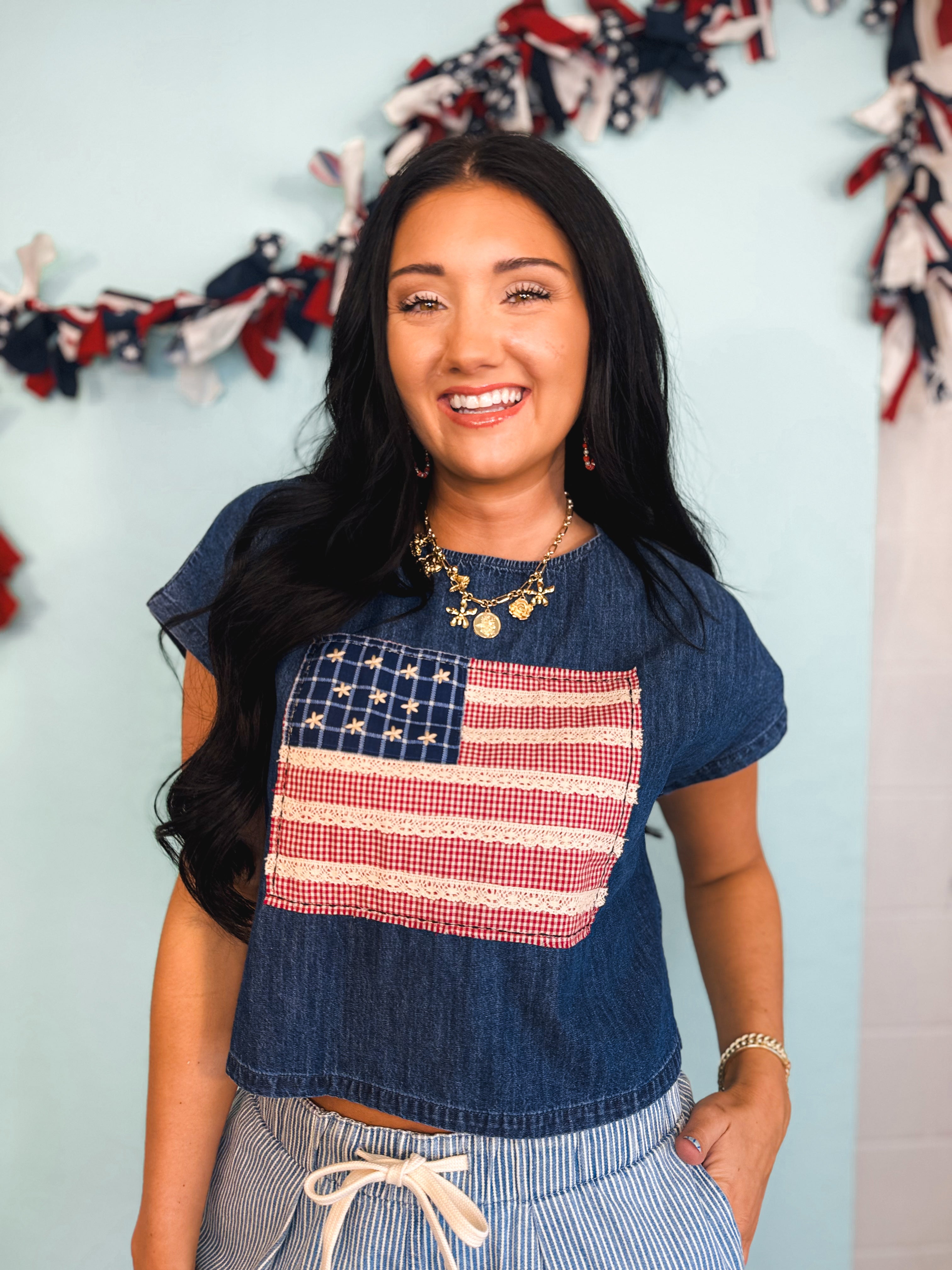 Mixed Media Flag Patch Dolman Sleeve Top - Indigo Blue - Lace and Grace Boutique