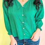 Drop Shoulder Smocked Cuff Blouse - Emerald - Lace and Grace Boutique