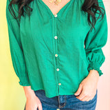 Drop Shoulder Smocked Cuff Blouse - Emerald - Lace and Grace Boutique