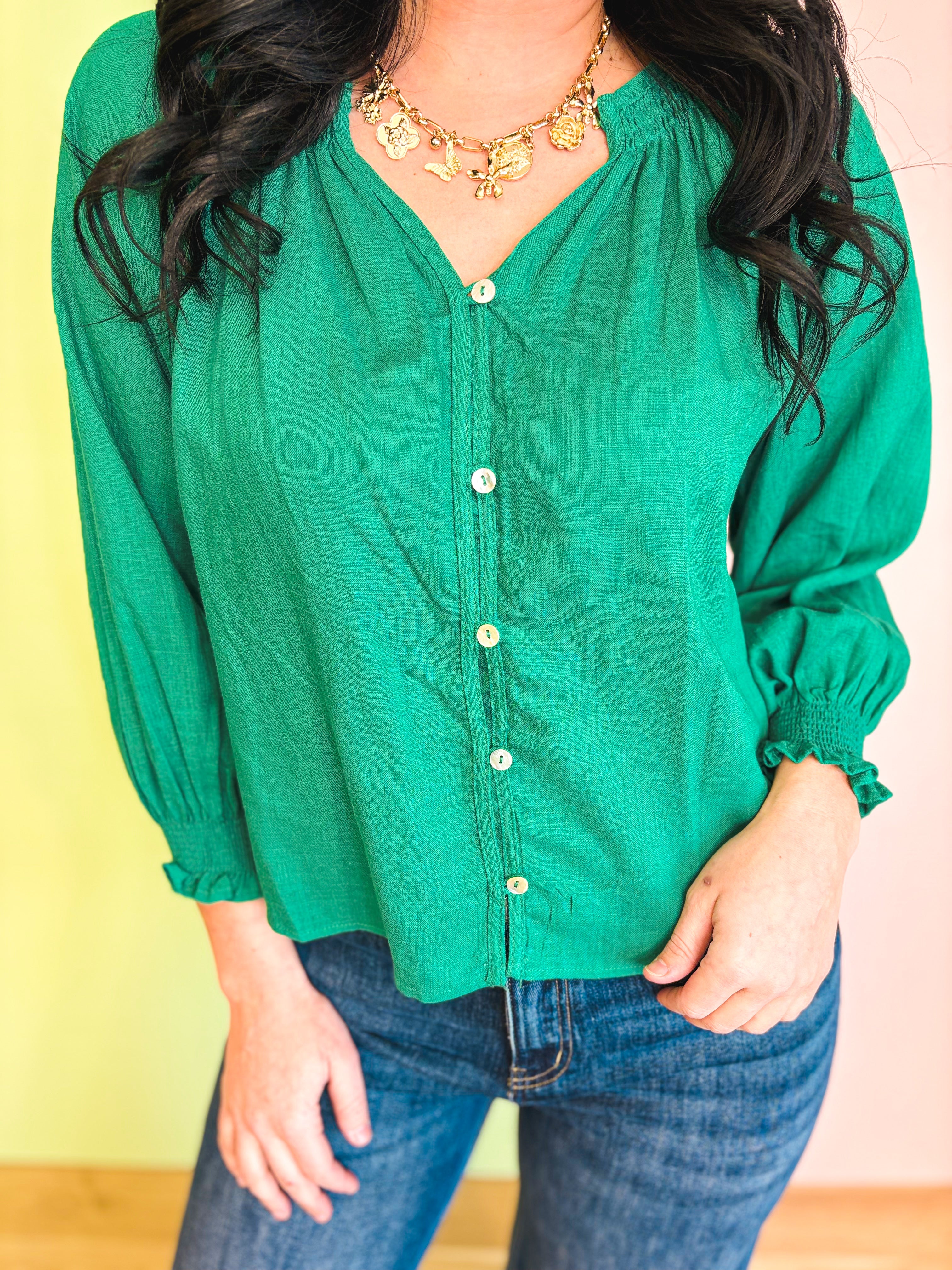 Drop Shoulder Smocked Cuff Blouse - Emerald - Lace and Grace Boutique
