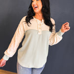 Two Tone Ribbed Knit Lace Detail Henley Top - Sage - Lace and Grace Boutique