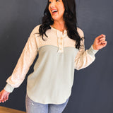 Two Tone Ribbed Knit Lace Detail Henley Top - Sage - Lace and Grace Boutique