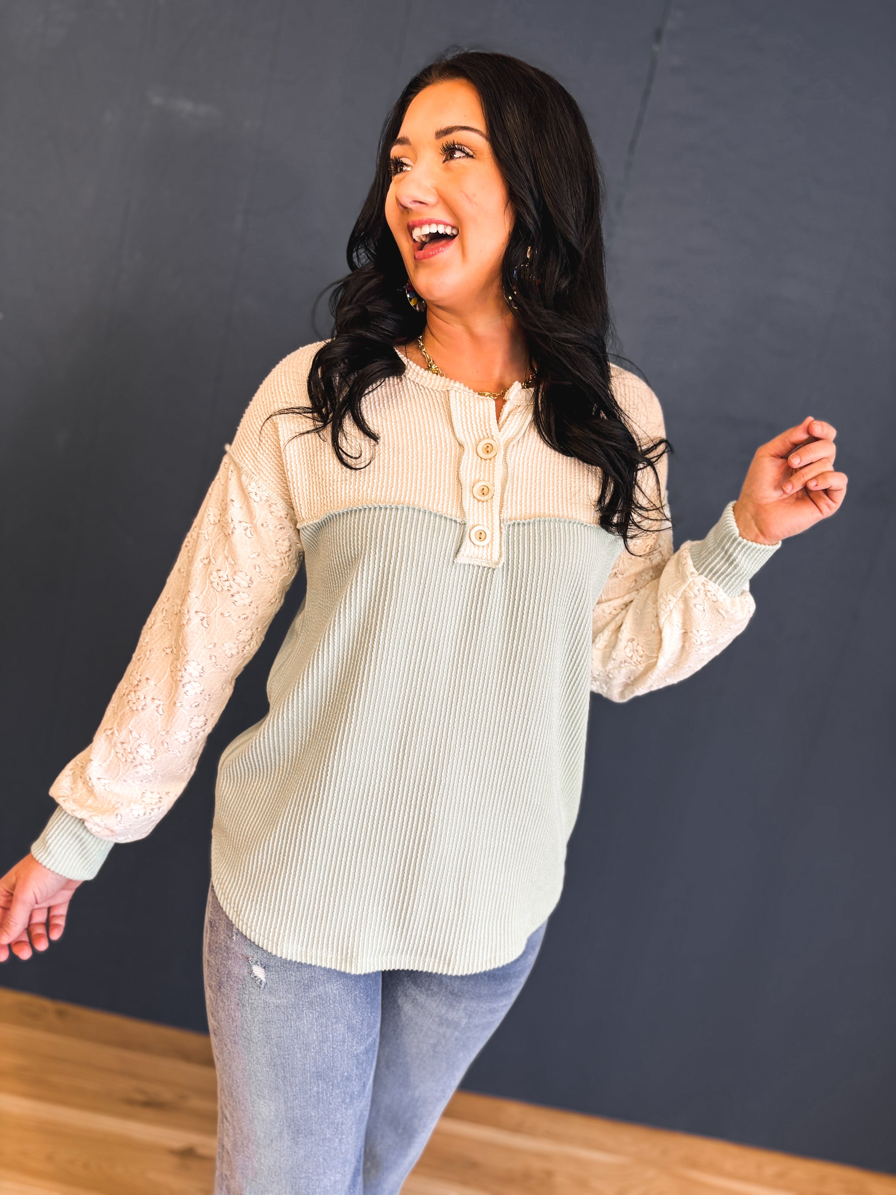 Two Tone Ribbed Knit Lace Detail Henley Top - Sage - Lace and Grace Boutique