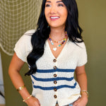 Striped Button Down Short Sleeve Top - Cream/Navy - Lace and Grace Boutique