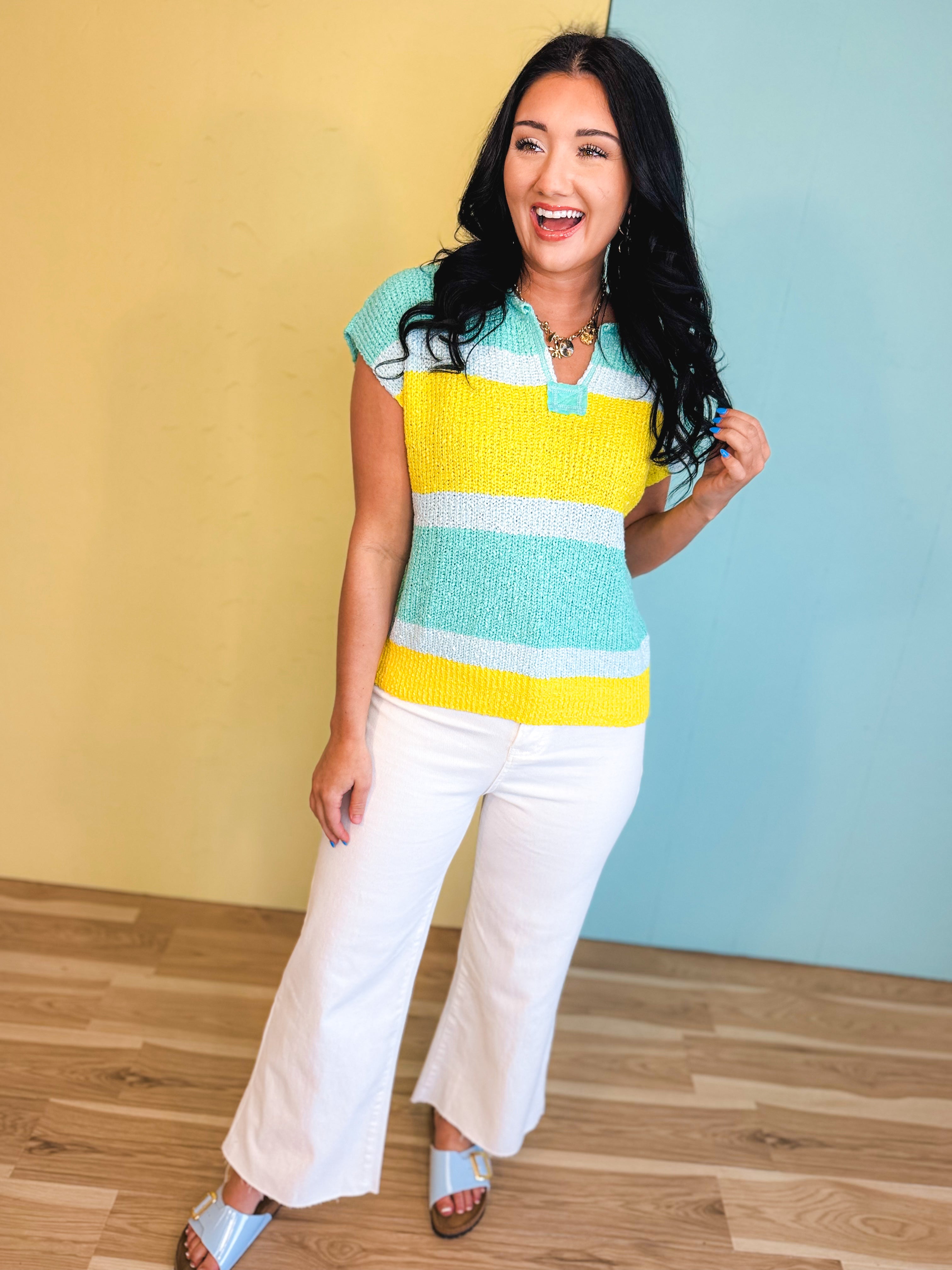 Color Block Textured Sweater Top - Spearmint/Lemon - Lace and Grace Boutique