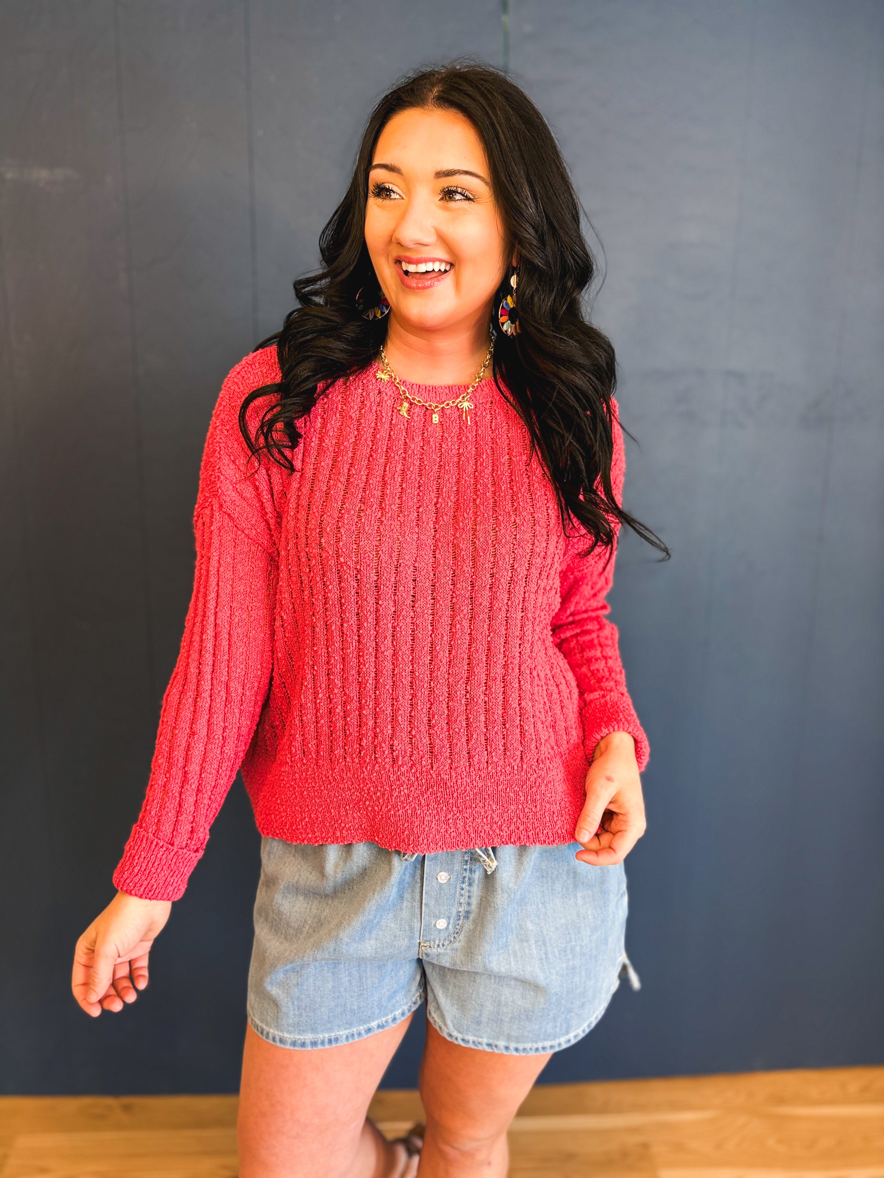 Open Ribbed Knit Sweater - Berry - Lace and Grace Boutique