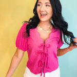 Scalloped Neck Tie Front Blouse - Pink - Lace and Grace Boutique
