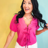 Scalloped Neck Tie Front Blouse - Pink - Lace and Grace Boutique