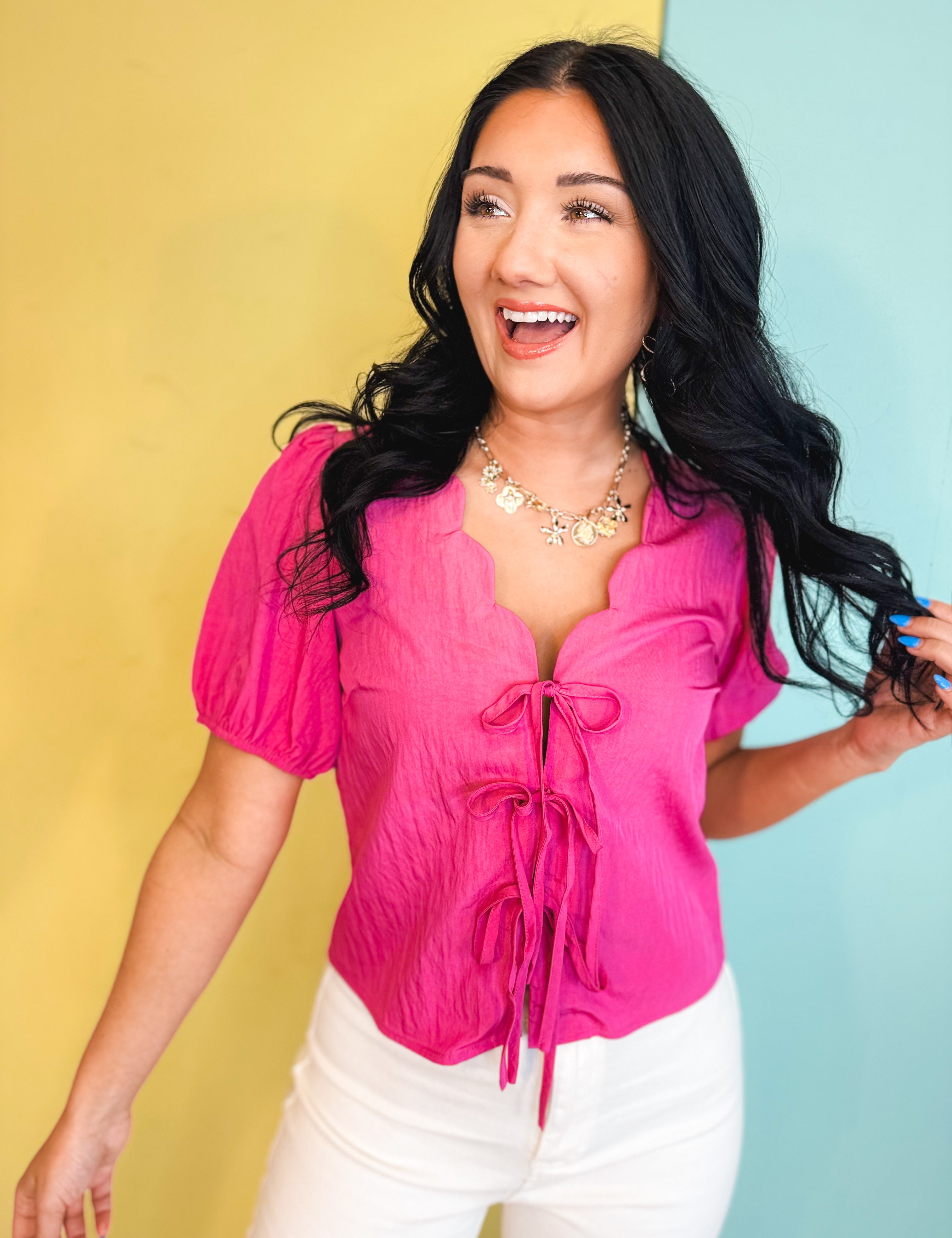 Scalloped Neck Tie Front Blouse - Pink - Lace and Grace Boutique