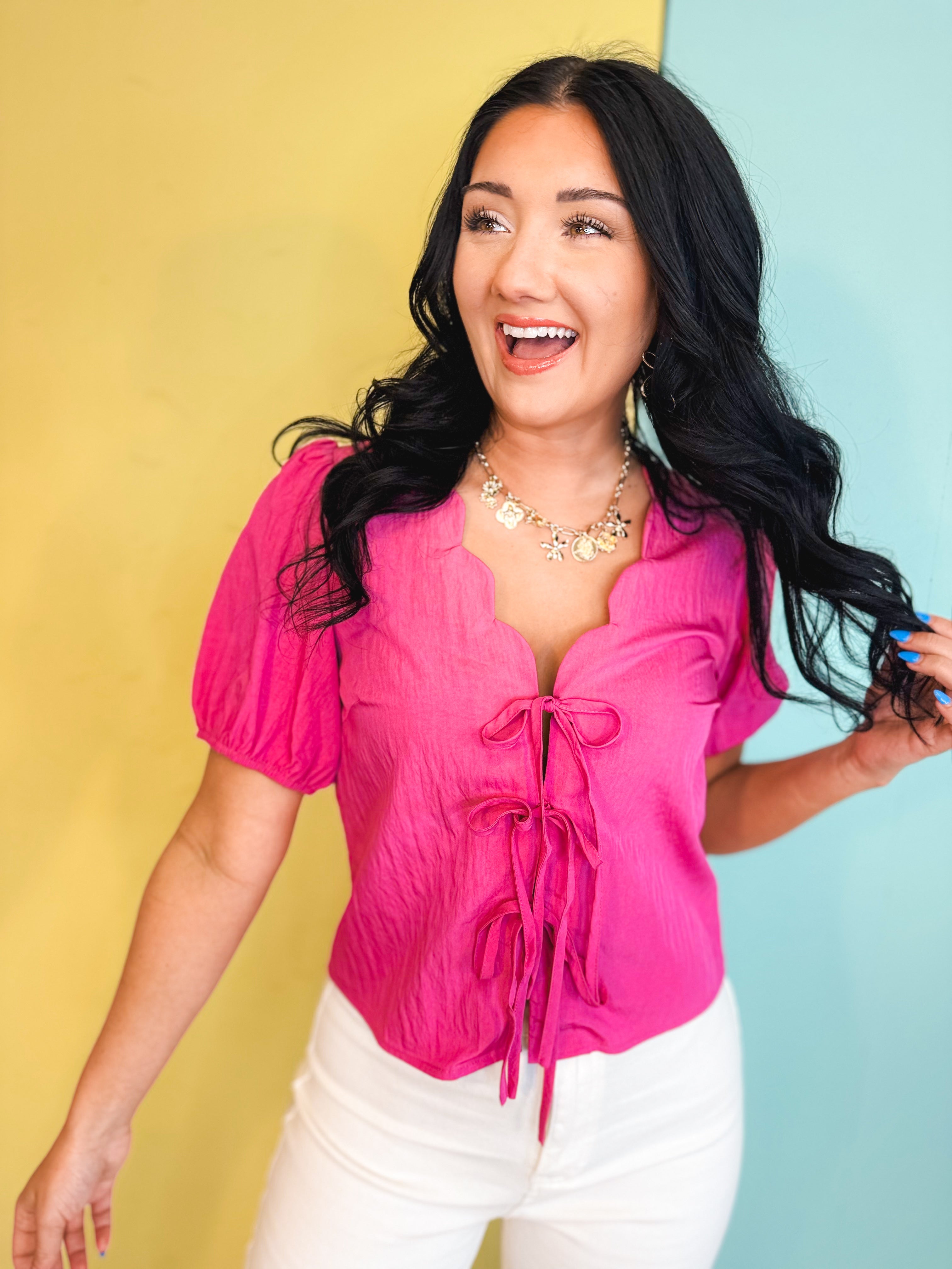Scalloped Neck Tie Front Blouse - Pink - Lace and Grace Boutique